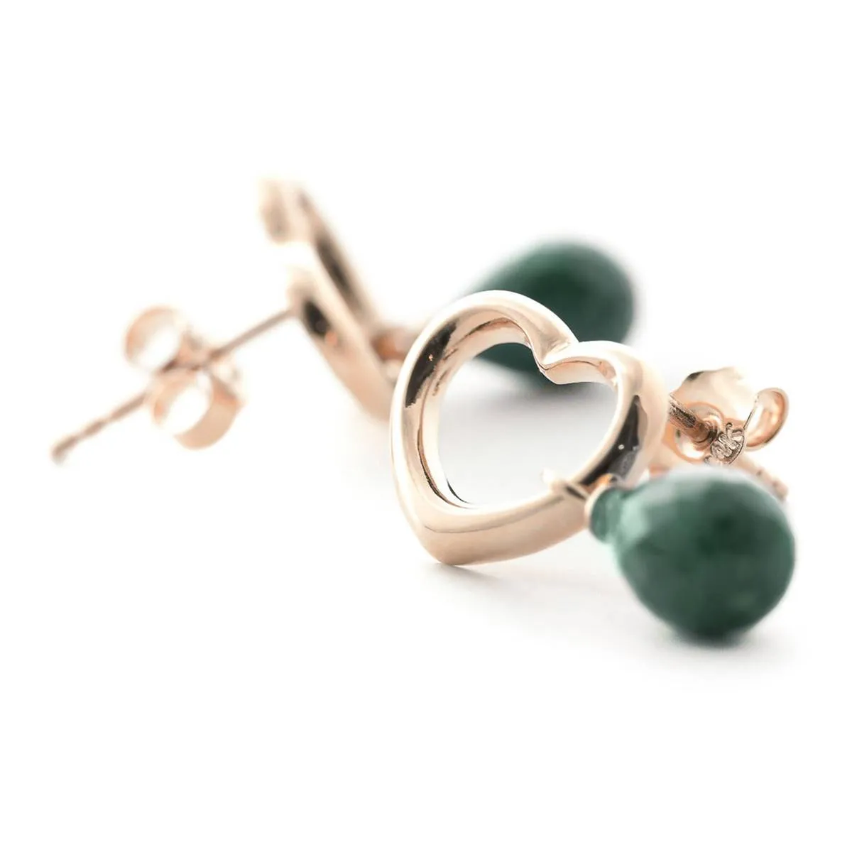 14K Solid Rose Gold Heart Earrings w/ Dangling Natural Emeralds